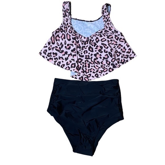 High Waisted Two Piece Bikini Set Ruffled Flounce Top with Ruched Bottom Tankini - Picture 1 of 3